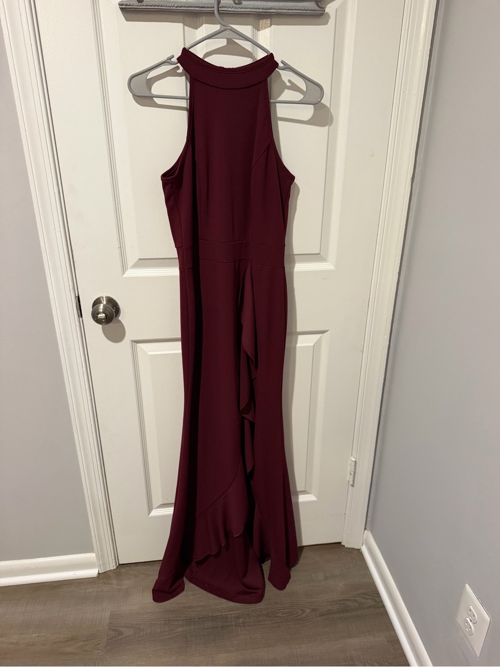 Halter Neck Burgundy Prom Dress with Ruffle Detail